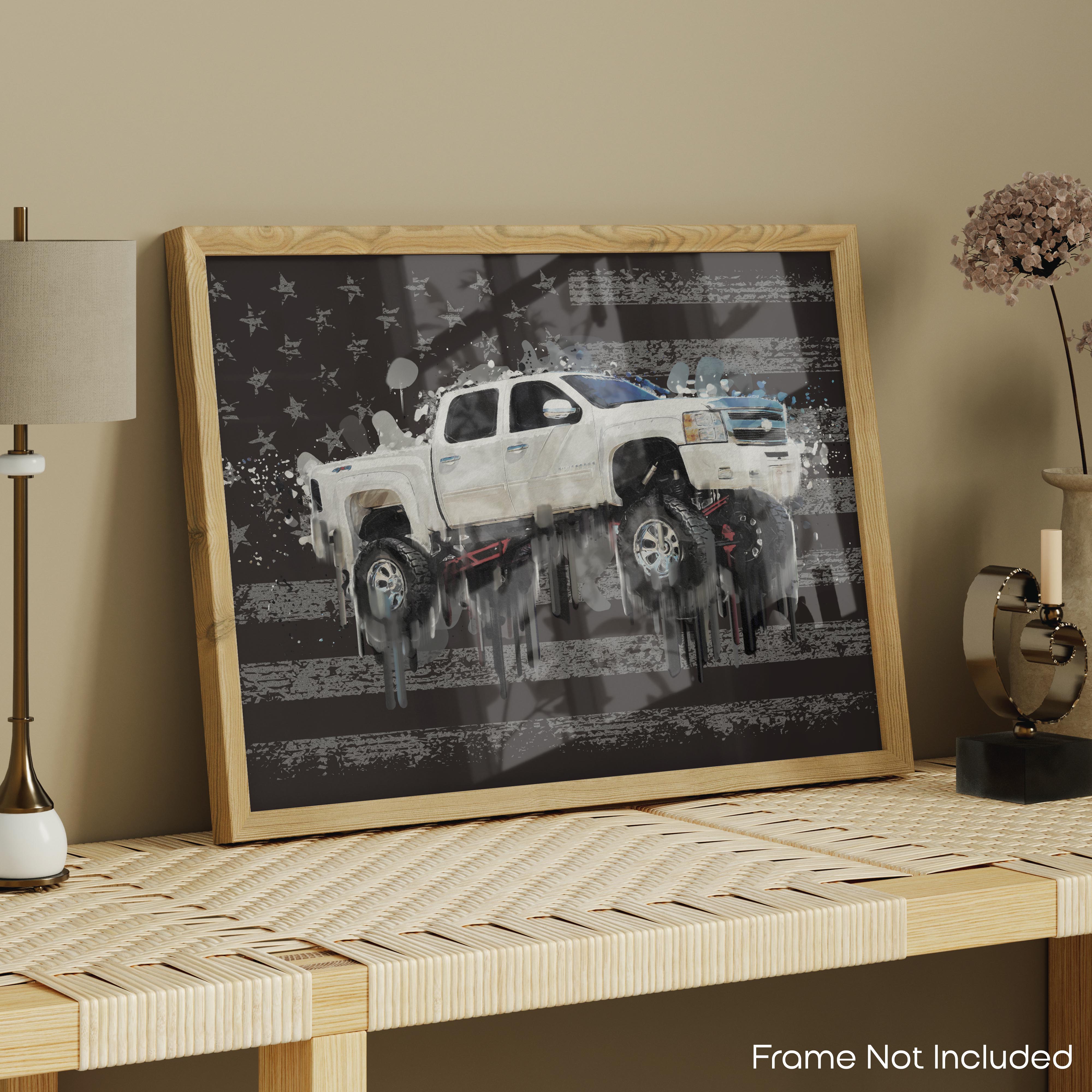 American Flag White Truck - Truck Poster