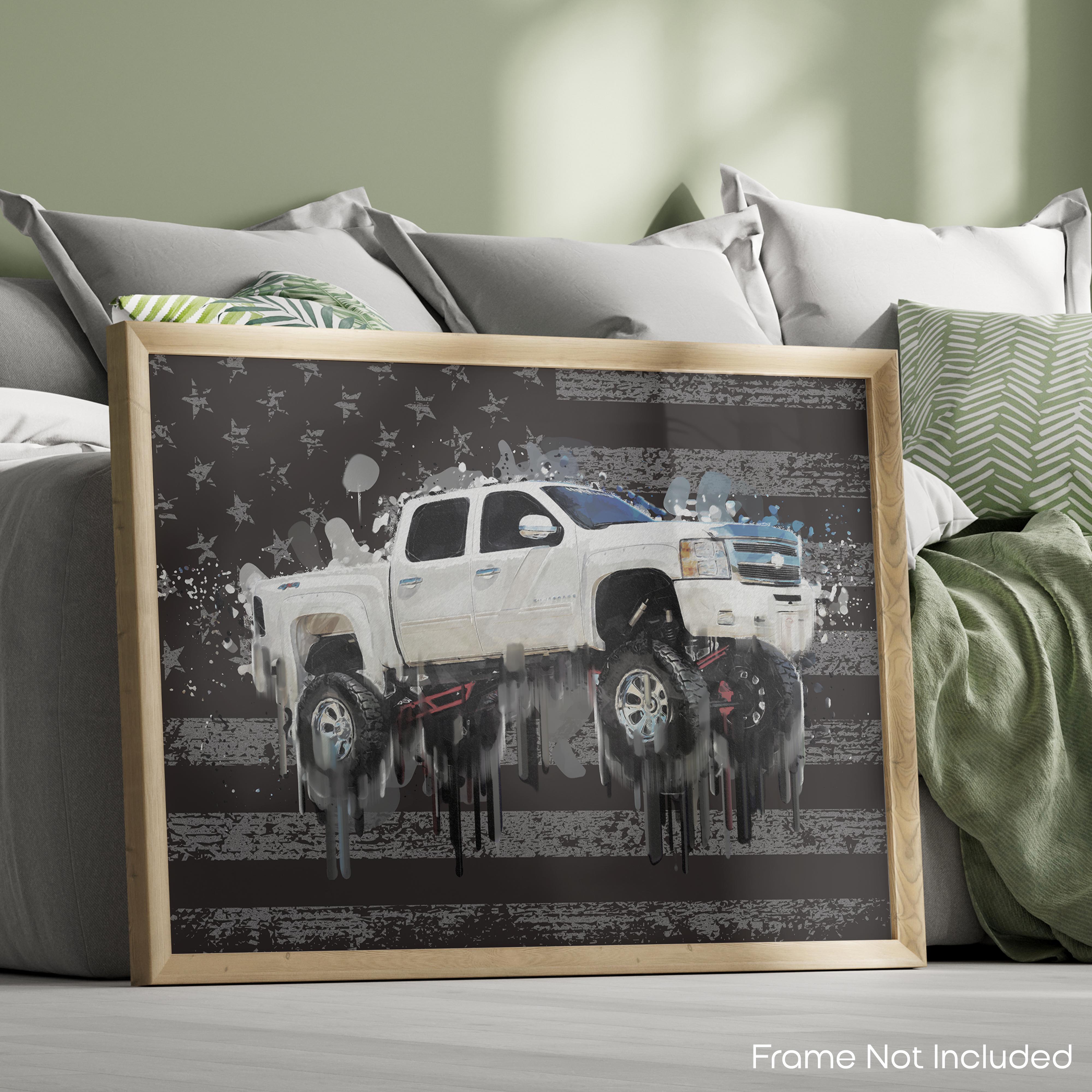 American Flag White Truck - Truck Poster